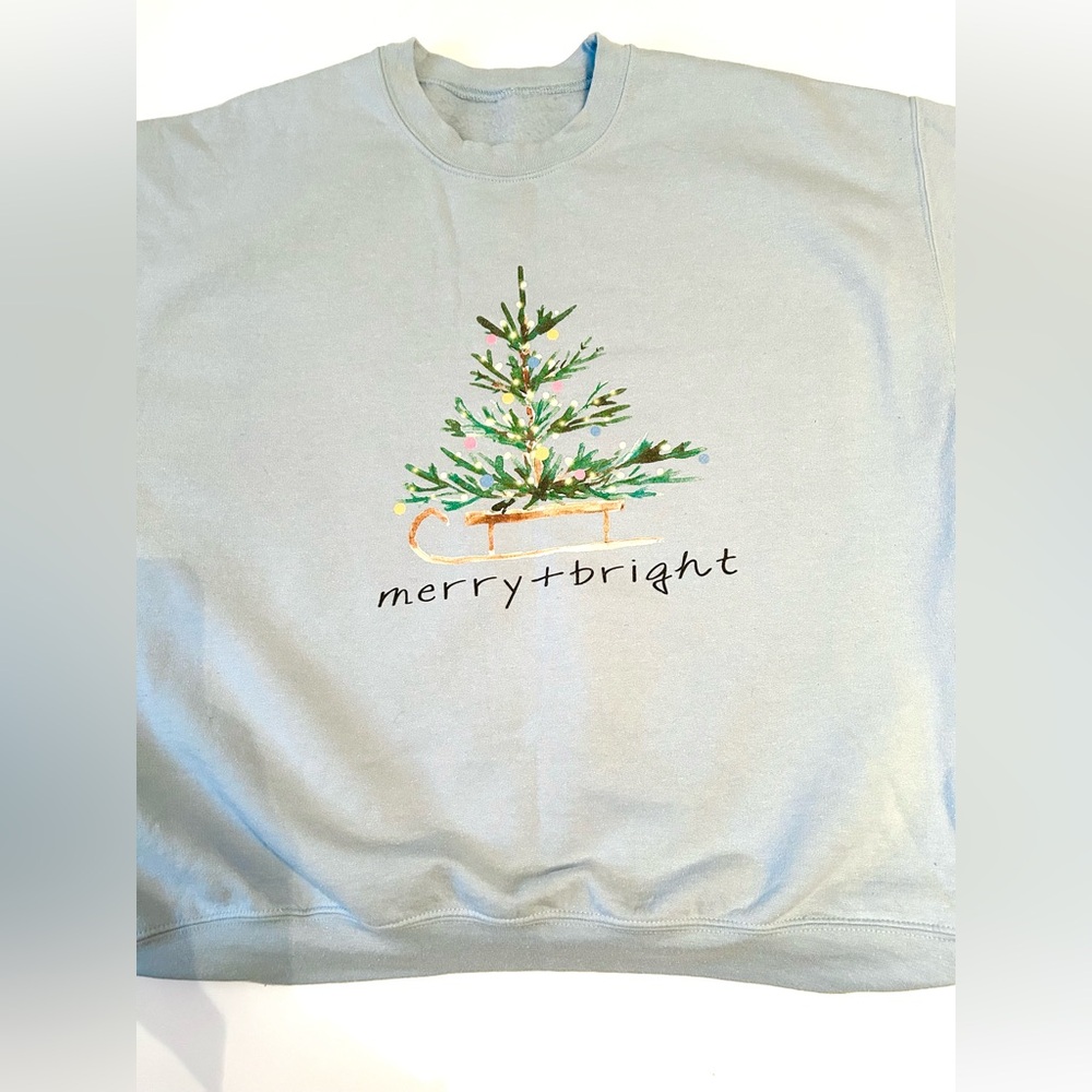 Merry + Bright Christmas Graphic Light Blue Sweatshirt - Picture 2 of 3